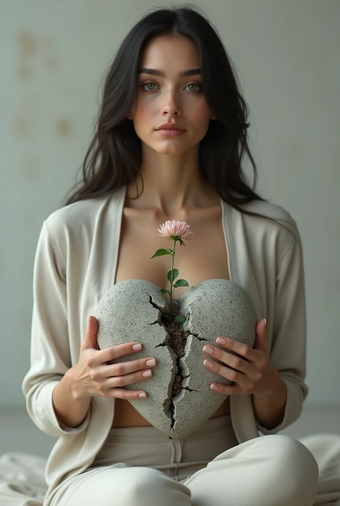 Create an image that has a woman sitting facing forward with her chest open, Showing the heart, your heart is made of stone with cracks, inside the crack a flower is sprouting