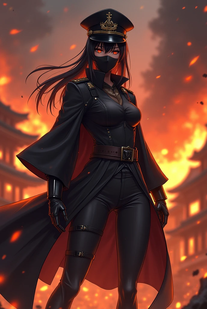 angry female anime wearing a long black jacket and tight clothes, wearing a war general's hat, wearing a mask, the atmosphere in the Japanese castle is on fire, full of aura