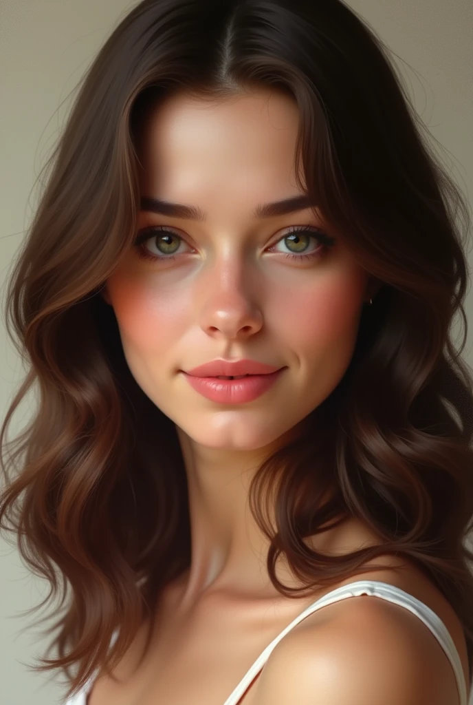 Love of my life brunette with green eyes, rounder nose, smile forming a circle between the nose and the corner of the mouth, hair with straight roots and curly below the ear, symmetrical ears, Round face