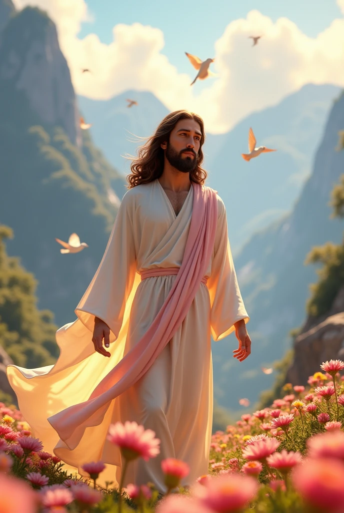 Create an image of Jesus from the biblical story wearing a white dress.
with one of about , with pink dress loose hair.
Environment with lots of mountains and flowers.
 with birds flying, um dia ensolarado.
disney pixar style 3d 