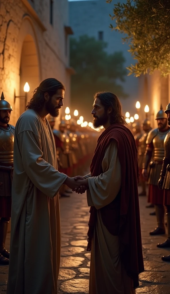 Judas Iscariot handing over Jesus to Roman soldiers in exchange for thirty pieces of silver, nighttime in a dimly lit alley, shadows cast by torches, Jesus in simple robes, betrayal evident in Judas's face, soldiers in Roman armor ready to arrest, stone walls and olive trees in the background, hyper-realistic, photo realism, cinematography -- ar 9:16