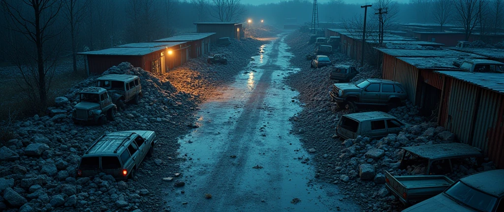 vampire the masquerade, map rpg, ((a large junkyard, with some broken cars, some mountains of rubble,)), game art, birdseye straight top-down shot from a drone, battlemap, current modern theme, seen from above, role-playing game, empty location, nighttime environment, (with realistic proportions and textures, intricate details, handdrawn, vibrant, cinematic lighting, masterpiece, 8k:1.2)