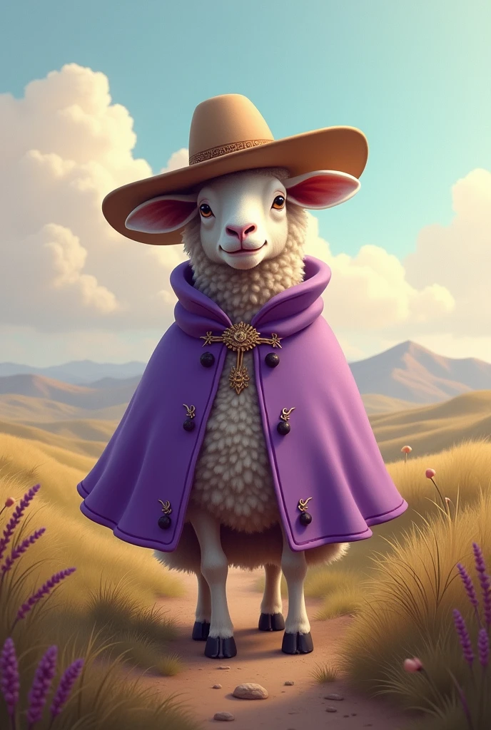 Lonely sheep wearing traditional gaucho clothing in lilac color