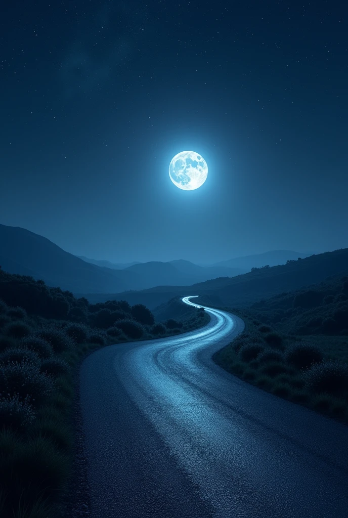 Generate an image of a starry night landscape. Ultra realistic 8k full hd with a moon illuminating a beautiful road 