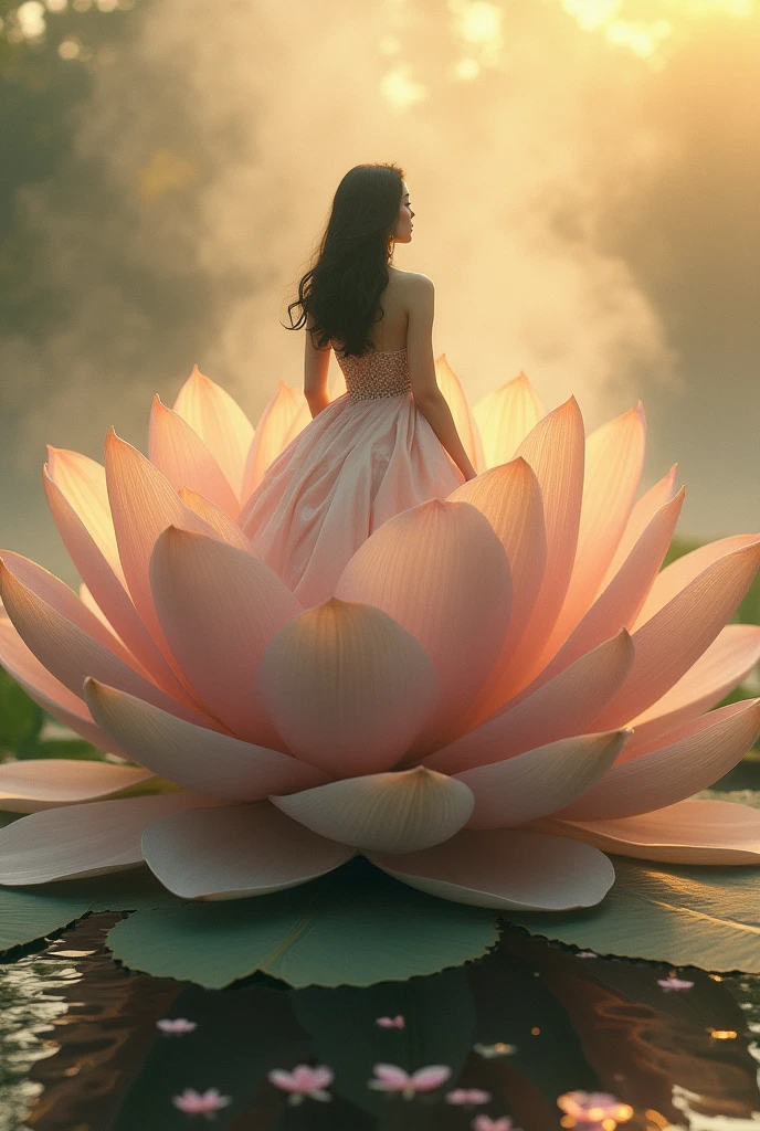 full length, black hair pregnant , posing in front of camera , Beautiful face, dress made of red rose petals, Light pink and light white tones, Esbian Full Body, beautiful backgrouond , daylight, Efeito de Luz, Minimalistic, Solar, pure tenderness, soft lighting, Realism. beautiful woman stand on a super giant lotus with double and long petals (petals made of thin, soft transparent,streaming, fabrics, full background of flowing petals, floating flower, super flying petals, Smoke effect, Fog, some water reflaciton mixed with petals), lotus dress, ((ss-through)) full length.