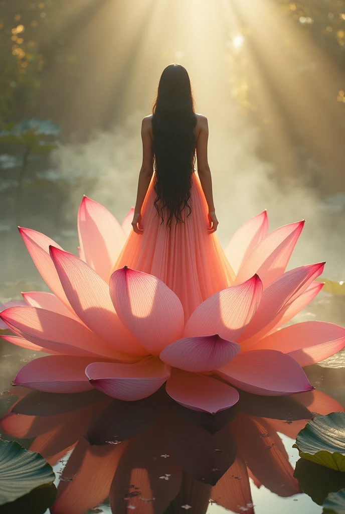 full length, black hair pregnant , posing in front of camera , Beautiful face, dress made of red rose petals, Light pink and light white tones, Esbian Full Body, beautiful backgrouond , daylight, Efeito de Luz, Minimalistic, Solar, pure tenderness, soft lighting, Realism. beautiful woman stand on a super giant lotus with double and long petals (petals made of thin, soft transparent,streaming, fabrics, full background of flowing petals, floating flower, super flying petals, Smoke effect, Fog, some water reflaciton mixed with petals), lotus dress, ((ss-through)) full length.