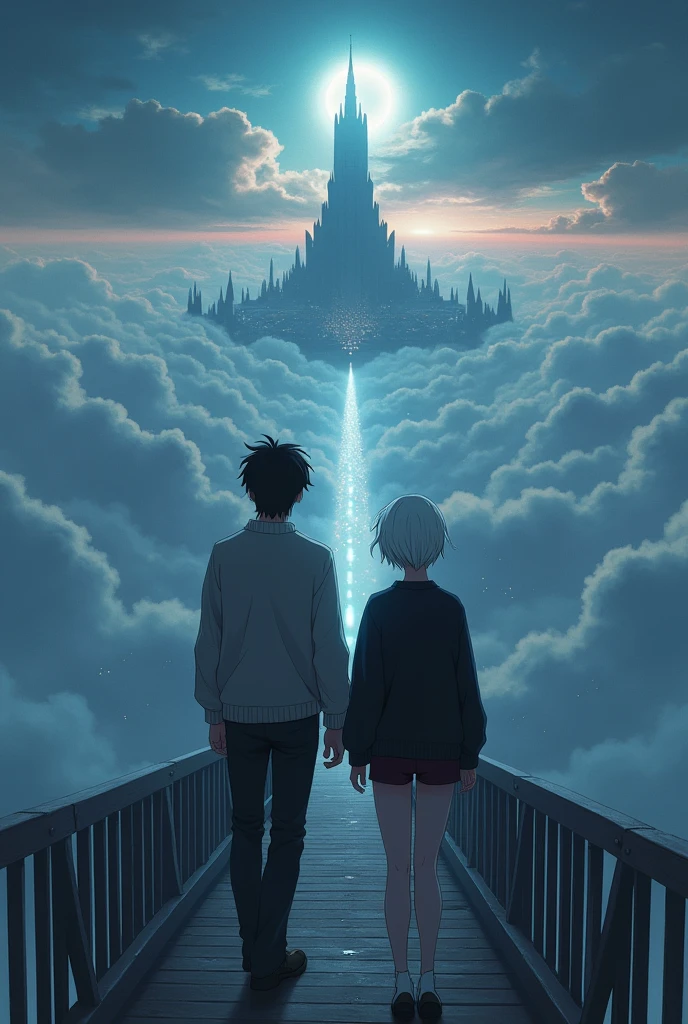 The image is anime style cowboy bebop and Darker than black with shadows and dim lights, anime style although somewhat adult and dark, en ella se muestra a dos personas In the distance, A black-haired adult wearing a sweater and an albino adult woman with short white hair wearing a black sweater and small dark red shorts walking on a very wide and colossal bridge on the way to heaven, the bridge is seen above the clouds, In the distance, at the other end of the bridge, You can see the Tower of Babel rising to the top, with thousands of angels flying around him. The image is focused from far away and from a higher image plane.. In the background of the city you can also see biblicaly accurate angels