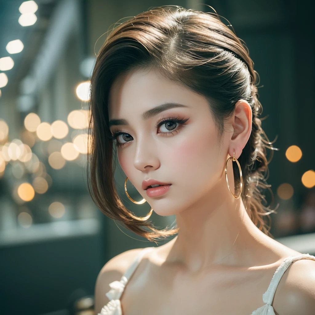 masterpiece, Highest quality, alone, One girl, Glowing Skin, Hoop Earrings, glamorous, Whimsical details, Slicked back hair, Fascinating, Bare shoulders, Clothing of the future, Shallow depth of field, Contrasting, Professional Model, Facing forward, Portraiture 、Big eyes、double eyelid、False eyelashes