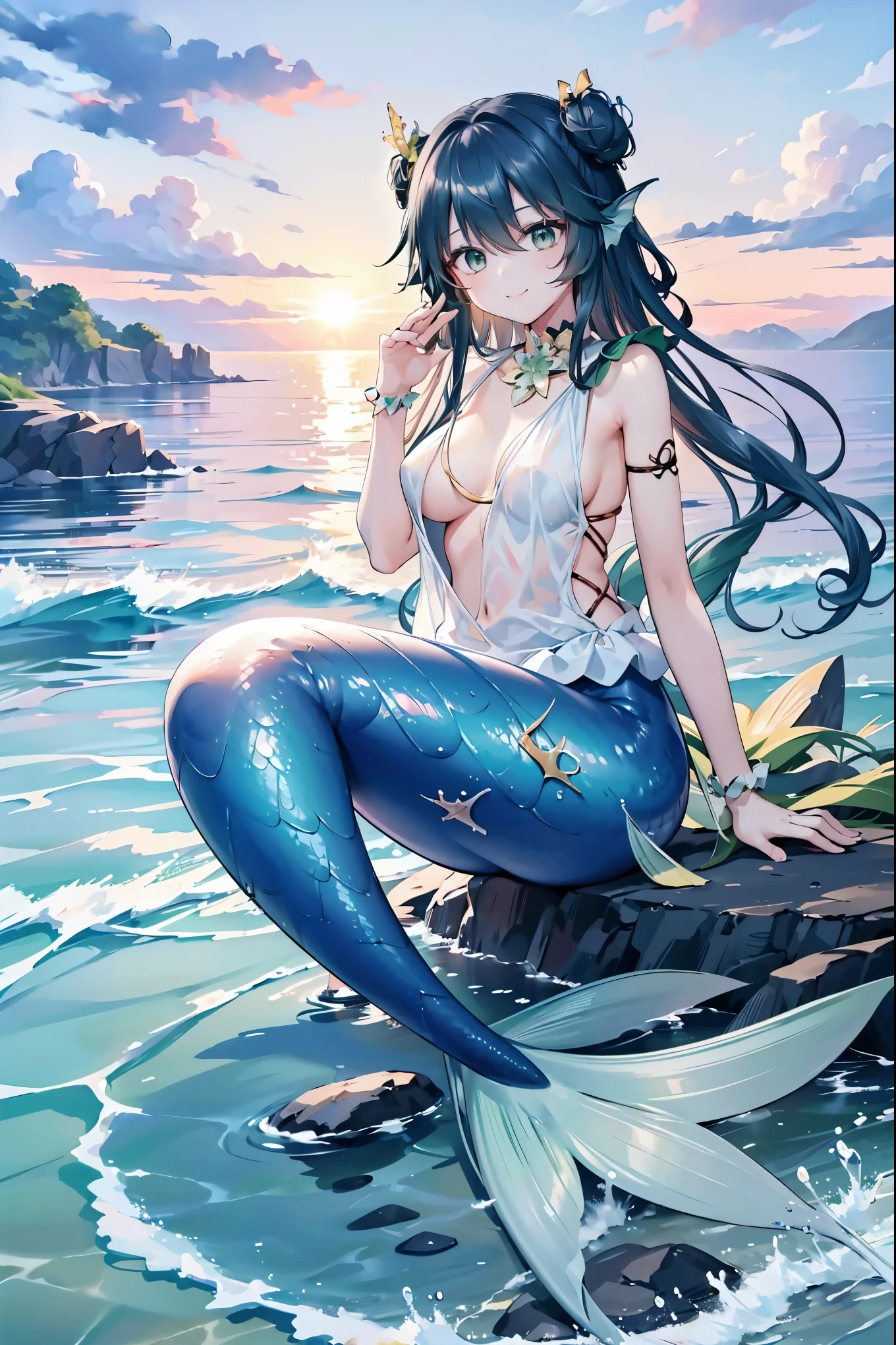 masterpiece, best quality,(Full fingers),A girl,Large Breasts,Mermaid,浅绿色的Mermaid尾巴,Head fin,full-body shot,beach,Sea view,Sitting on the beach,charming脸(Kawaii, charming,Soft),Smile