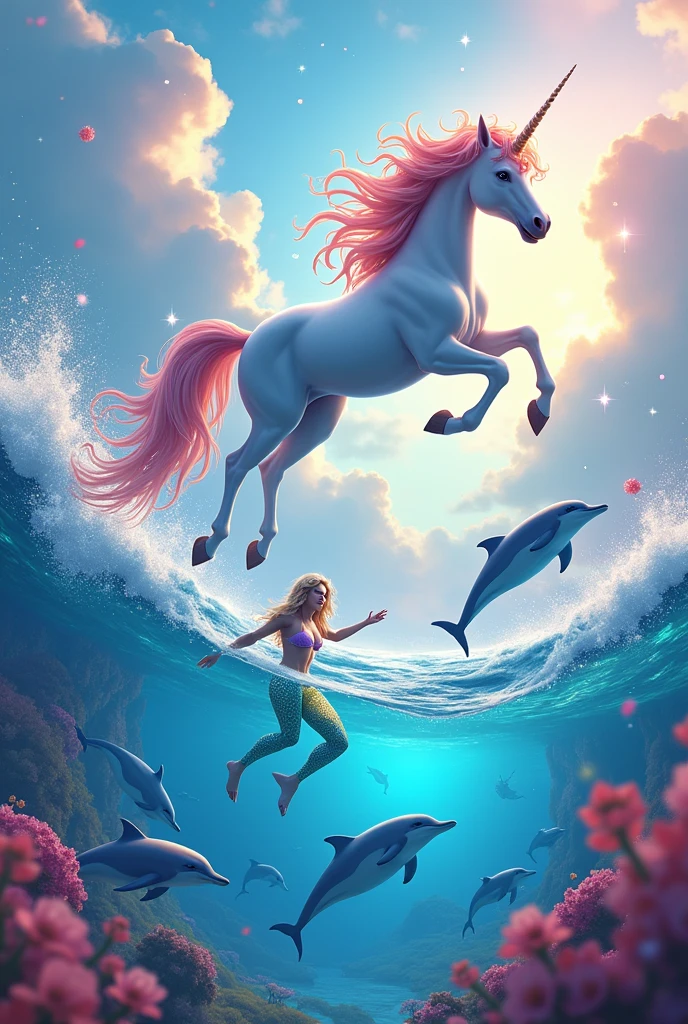 Put a very colorful flying unicorn, on a very colorful sea with very colorful dolphins in and out of the sea, Add a mermaid with rainbow hair and also unicorn hair and the whole background very colorful and with sparkles, put the unicorn higher up with clouds and also the mermaid, put many more colors more more more more more colorful, It also colors the sky and the sea, Put the unicorn more centered and smaller and add more light blue, pink and yellow colors throughout the entire image, more pink in the sky