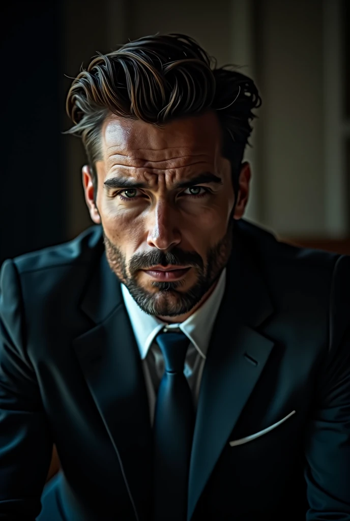 "A handsome businessman in a dark room, his eyes and a face locked on camera lens, short image