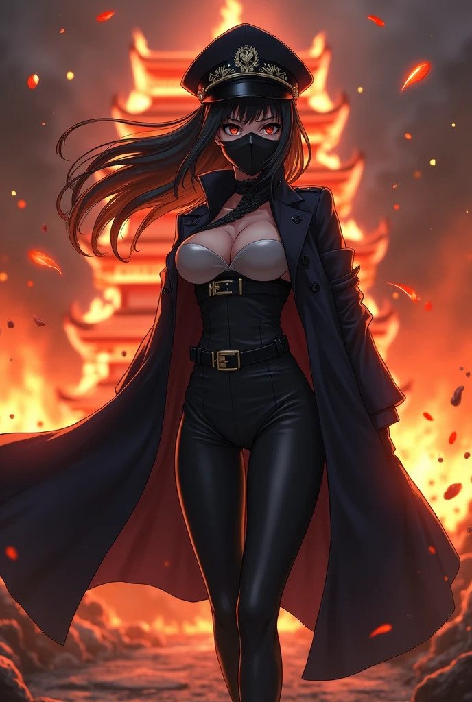 angry female anime wearing a long black jacket and tight clothes, wearing a war general's hat, wearing a mask, the atmosphere in the Japanese castle is on fire, full of aura