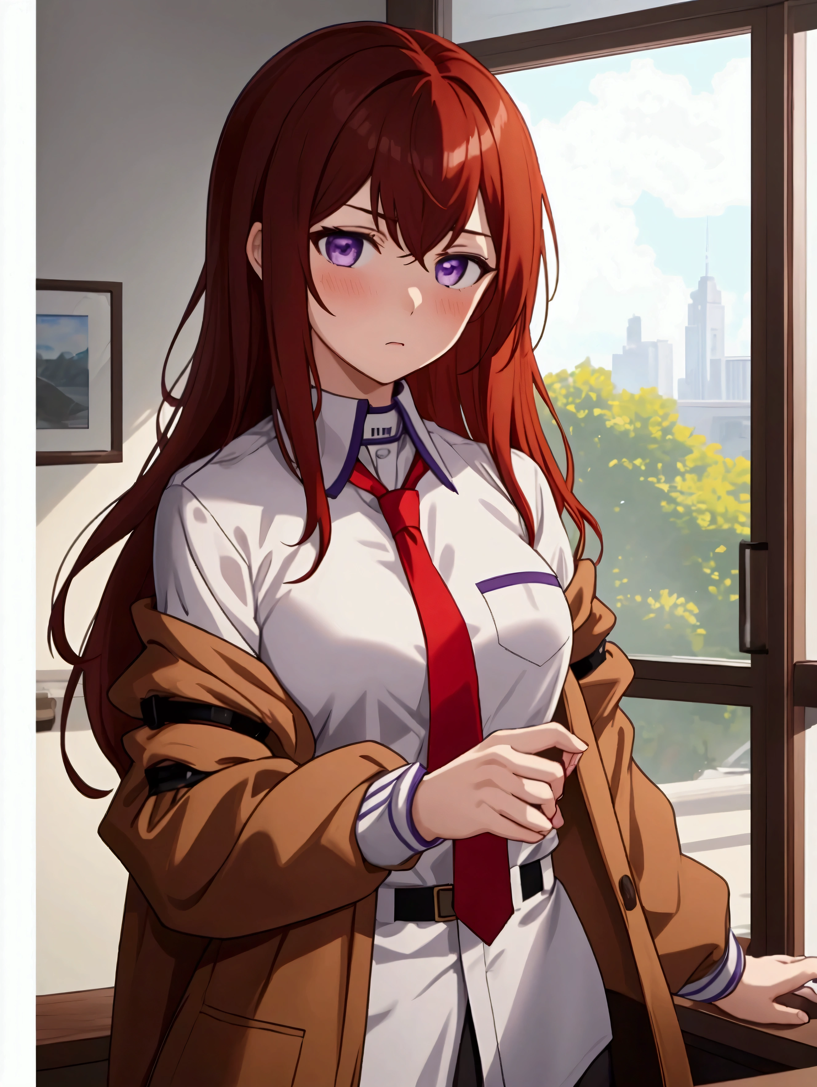 masterpiece,best quality,ultra detailed,8k, hd, highres, absurdres, vibrant colours,brown hair,collared shirt,jacket,long sleeves,makise kurisu,standing,red necktie,solo,1girl,white shirt,perfect face,red hair,purple_eyes,blush,upper body,close_mouth