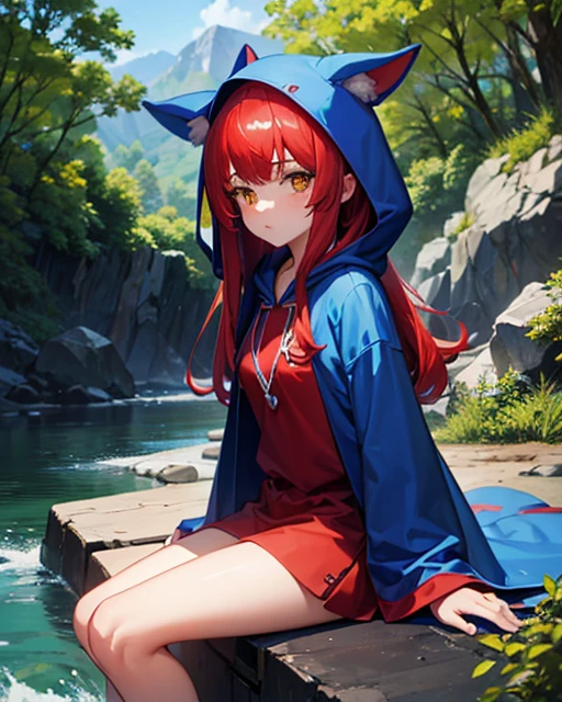 1 girl, Red hair, animal ears, blue hooded cape, ((May:1.4)) ears sticking out, pose: sitting on a rock by a river in the forest, yellow eyes, looking ahead at viewer