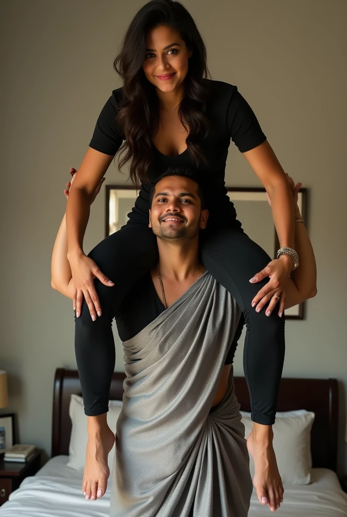 Beautiful and Slim, Sexy Indian woman in black blouse silver saree lifting a large chubby man above her shoulders, man is sitting on woman's shoulders, in a bedroom with high ceiling, natural smile, woman is looking into the camera , full body image