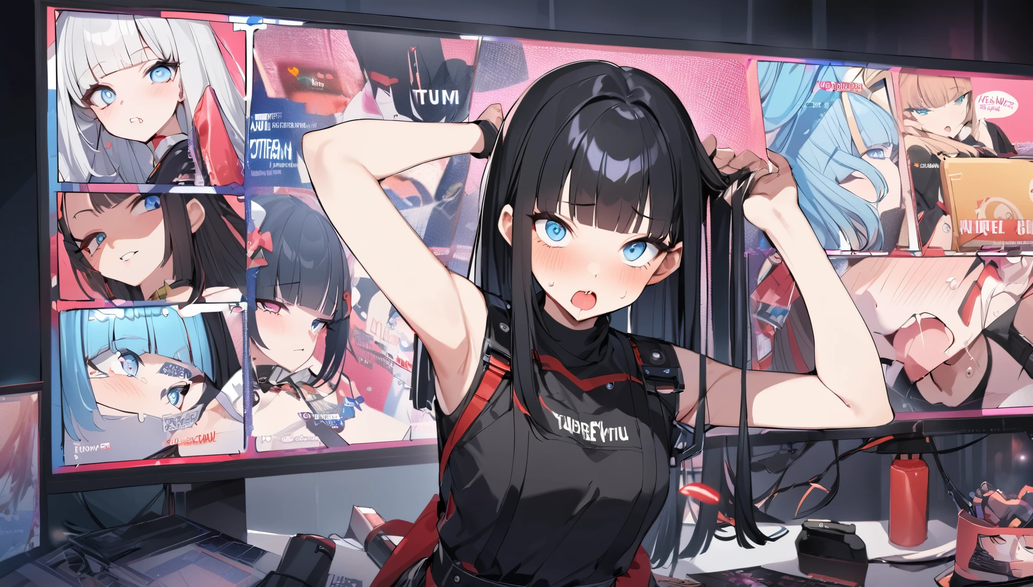 A pose of deep affection with both hands on the chest、sad、Ahegao、I play at music habs、idol、Japanese sword、rifle、gun、Virtual Character Design,Black Hair、blunt bangs、Straight Hair, face, Modern design, 1 female,Sexy concept, 
A Vtuber livestream scene featuring a Japanese Vtuber with long black hair and blue eyes, wearing a black outfit with some red accents and multiple accessories. The Vtuber has a serious yet slightly playful expression and is adjusting her hair with both hands. The screen shows the Vtuber on the right side, with a lively chat box on the left side, where messages in English and Japanese are visible. The top left corner has the Vtuber’s Twitter handle and hashtag, while the top right displays the current time as 21:53. The overall style is modern and clean, capturing the essence of a real-time Vtuber interaction with a large audience.