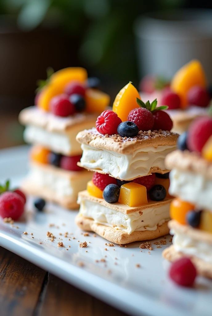 Square pavlovas filled with fruit and with a pavlova top