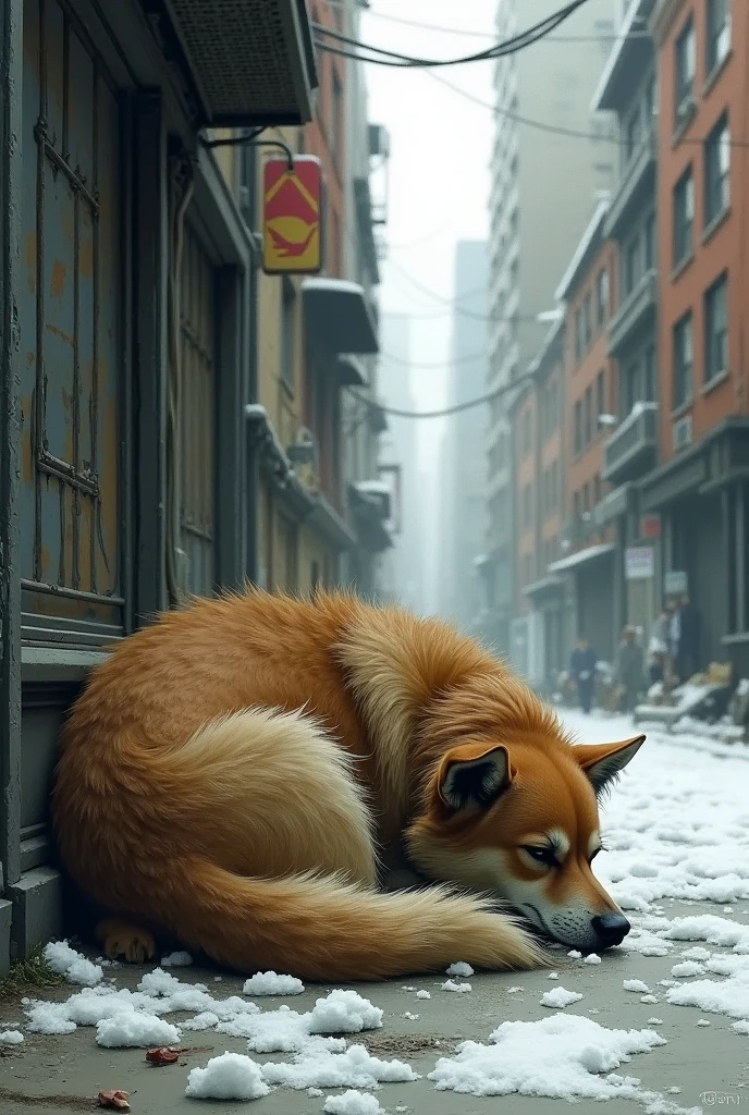 a drawing of a very sad dog sleeping on the street