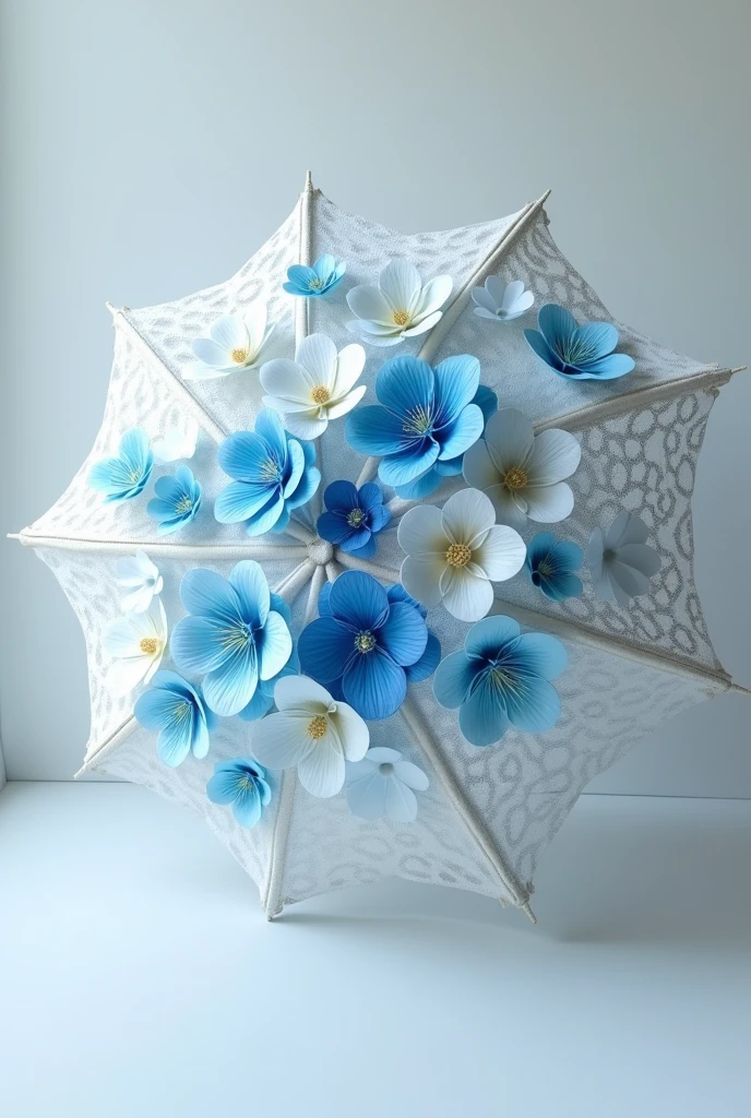 (photorealism:1.2), White lace parasol decorated with many different types of blue and white paper flowers