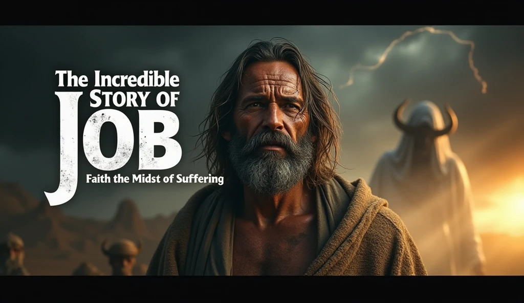 "A dramatic and visually striking YouTube video thumbnail about the life of Job (Jo) from the Bible. The background is dark and stormy, with swirling clouds, lightning, and a sense of chaos. Job is centered in the foreground, his face marked by deep sorrow, with visible sores and chagas on his body. His expression shows a mix of pain, despair, and unwavering faith. He wears tattered, simple clothing. In the background, partially hidden and blurred in the shadows, is a dark, ominous figure representing Satan, subtly hinting at his influence. The text 'The Incredible Story of Job: Faith in the Midst of Suffering' is displayed in bold, large, and readable font, with colors like white or yellow for high contrast. Additional faded elements, such as the silhouettes of Job’s lost family and possessions, are placed at the bottom of the image, emphasizing his losses. Dramatic lighting focuses on Job’s face, with strong shadows to enhance the emotional intensity."

