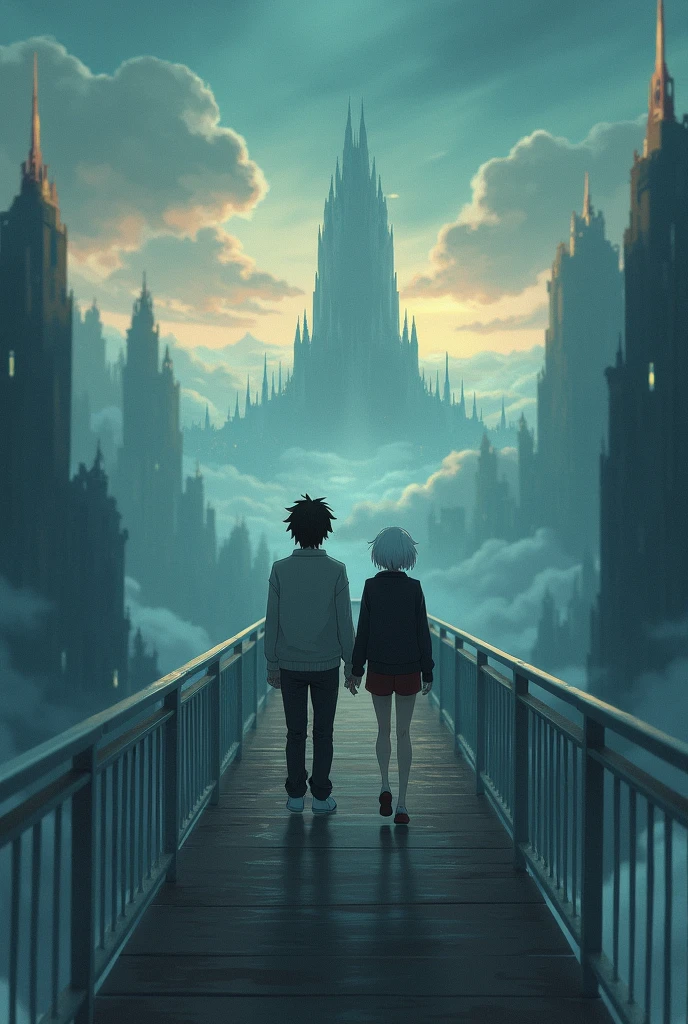 The image is anime style cowboy bebop and Darker than black with shadows and dim lights, anime style although somewhat adult and dark, en ella se muestra a dos personas In the distance, A black-haired adult wearing a sweater and an albino adult woman with short white hair wearing a black sweater and small dark red shorts walking on a very wide and colossal bridge on the way to heaven, the bridge is seen above the clouds, In the distance, at the other end of the bridge, You can see the Tower of Babel rising to the top, with thousands of angels flying around him. The image is focused from far away and from a higher image plane.. In the background of the city you can also see biblicaly accurate angels