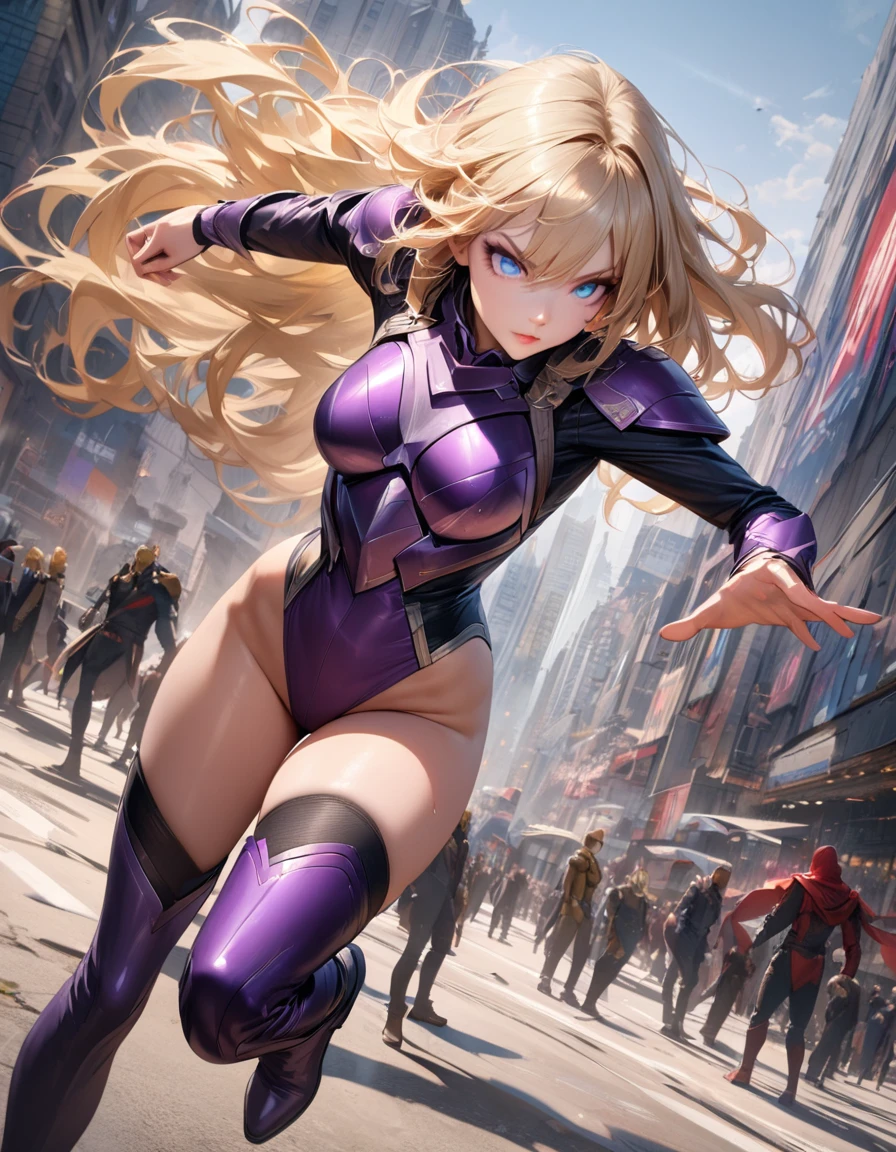 ((best quality)), ((masterpiece)), ((ultra realistic)), (dynamic heroic pose), atheletic woman, super hero, beautiful detailed face, detailed eyes, ((dressed in a purple leotard with black accents)), large city backdrop, highly detailed, professional, bare legs, full body), action pose, standing, ((long blonde hair)), blue eyes, matching thigh high boots, ((purple long sleeves)), ((metal armor)), tight hero belt, (perfect hands), solo, solo focus,