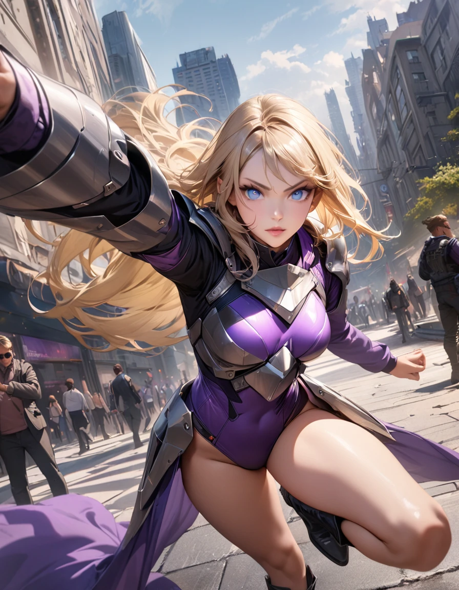 ((best quality)), ((masterpiece)), ((ultra realistic)), (dynamic heroic pose), atheletic woman, super hero, beautiful detailed face, detailed eyes, ((dressed in a purple leotard with black accents)), large city backdrop, highly detailed, professional, bare legs, full body), action pose, standing, ((long blonde hair)), blue eyes, matching thigh high boots, ((purple long sleeves)), ((metal armor)), tight hero belt, (perfect hands), solo, solo focus,