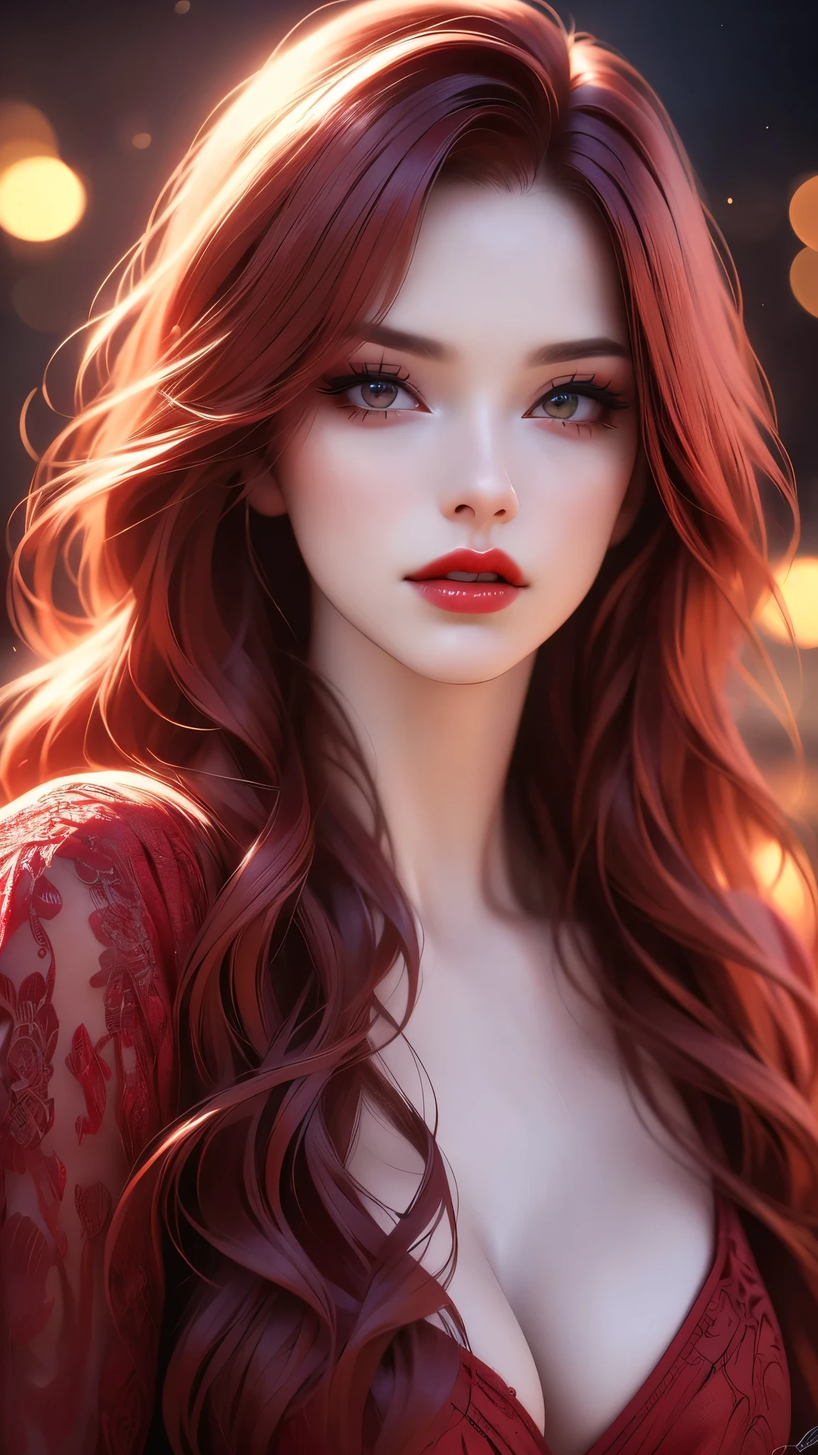 a beautiful woman with long red hair, detailed makeup and red lipstick, cleavage, looking at the viewer, (best quality,4k,8k,highres,masterpiece:1.2),ultra-detailed,(realistic,photorealistic,photo-realistic:1.37),studio lighting,vivid colors,bokeh,cinematic portrait,cinematic,dramatic lighting,warm color tones,high contrast,artist signature