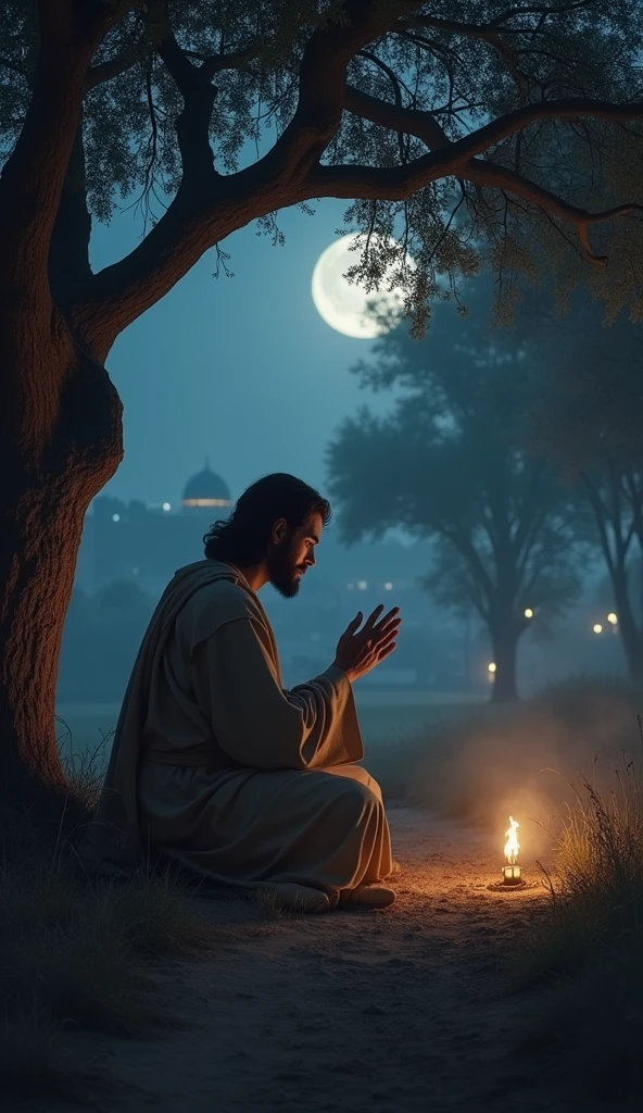 Jesus praying alone in the Garden of Gethsemane, surrounded by ancient olive trees, moonlight illuminating his face, expression of deep sorrow and determination, simple robe, distant torches approaching, the temple of Jerusalem faintly visible in the background, hyper-realistic, photo realism, cinematography -- ar 9:16