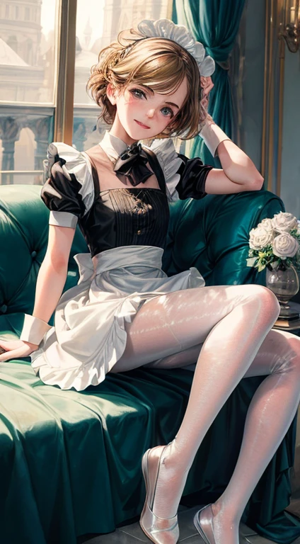 1girl,, Emma Watson, smiling, beautiful, masterpiece, best quality,  head bow,  maid minidress, white  pantyhose,  shoes 
