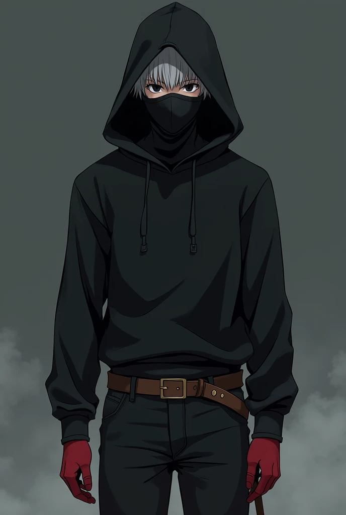 A 20 year old boy with white skin color and black eyes, he is wearing a black hood and a mask that covers his mouth, He is also wearing a black long-sleeved shirt and on his hands he has red gloves., his pants are black and he is wearing sandals, he also has a brown belt around his waist.
anime styling!!