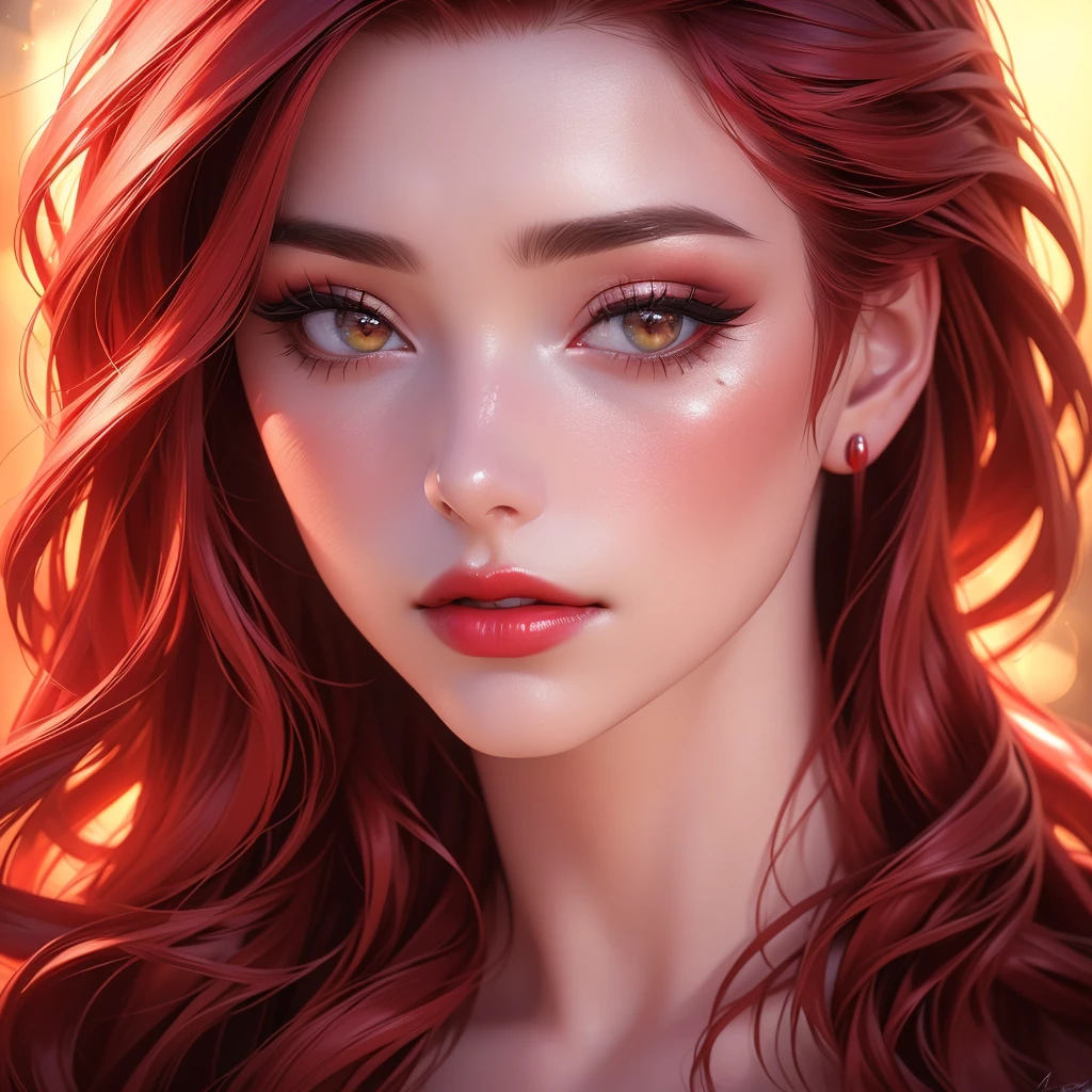 a beautiful woman with long red hair, detailed makeup and red lipstick, cleavage, looking at the viewer, (best quality,4k,8k,highres,masterpiece:1.2),ultra-detailed,(realistic,photorealistic,photo-realistic:1.37),studio lighting,vivid colors,bokeh,cinematic portrait,cinematic,dramatic lighting,warm color tones,high contrast,artist signature