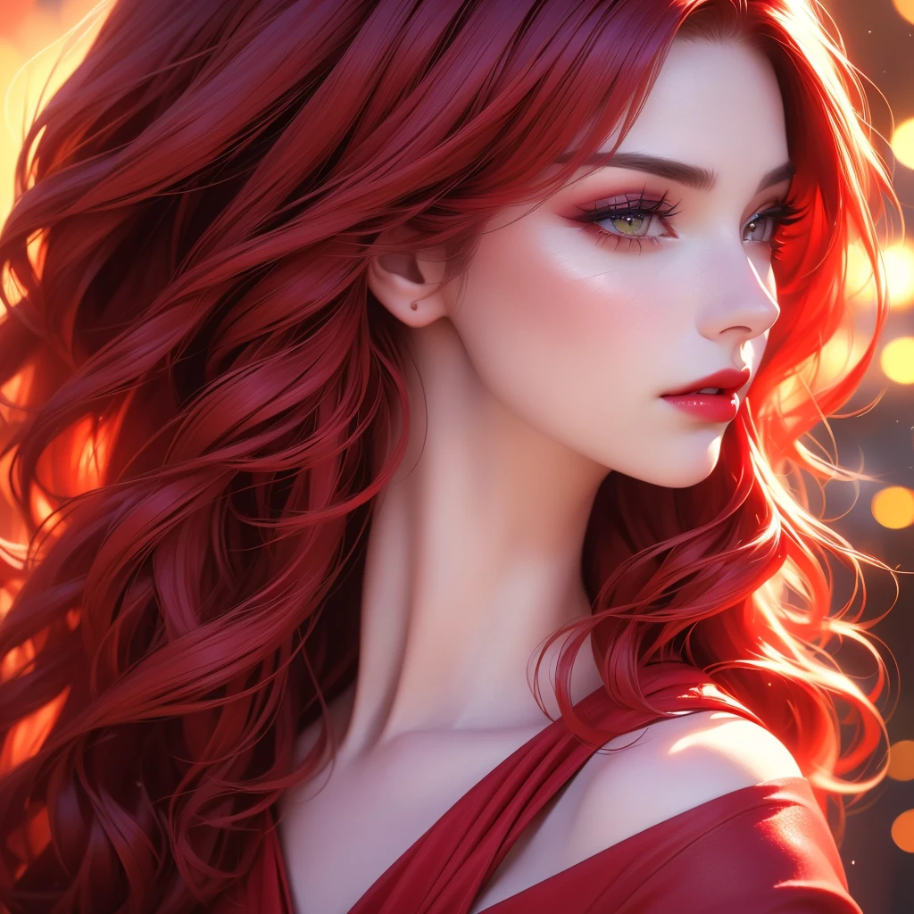 a beautiful woman with long red hair, detailed makeup and red lipstick, cleavage, looking at the viewer, (best quality,4k,8k,highres,masterpiece:1.2),ultra-detailed,(realistic,photorealistic,photo-realistic:1.37),studio lighting,vivid colors,bokeh,cinematic portrait,cinematic,dramatic lighting,warm color tones,high contrast