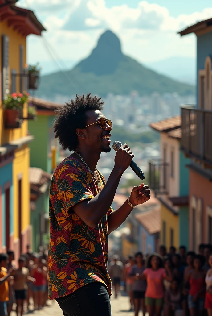 Singer MC Jordan Tavares in a favela in Rio de Janeiro and the city of Rio in the background.