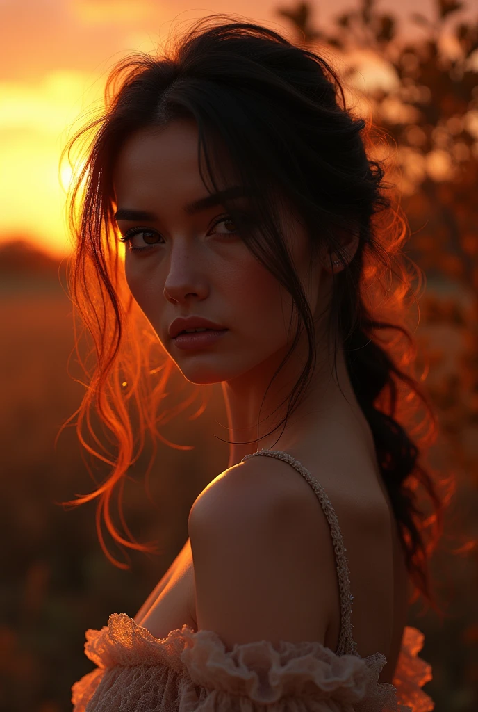 a woman, incredibly beautiful, languid expression, moist eyes, autumn dusk, best quality, high resolution, ultra detailed, realistic,