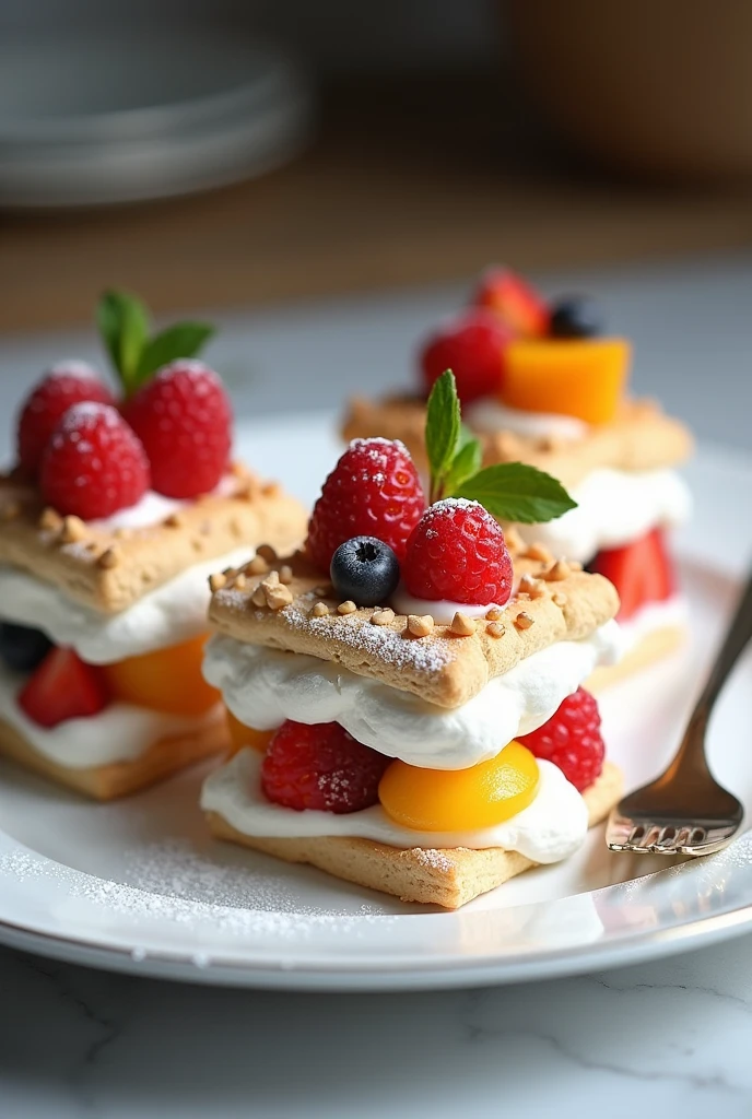 Square pavlovas filled with fruit and with a pavlova top