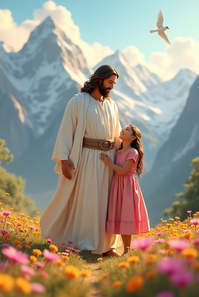 Create an image of Jesus from the biblical story with a white dress Together with a girl of about , with pink dress loose hair.
Environment with lots of mountains and flowers.
with birds flying, um dia ensolarado.
disney pixar style 3d
