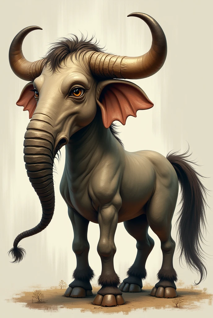GENERATE AN IMAGINARY FRIEND: horse body, bull's head, elephant ears, squirrel tail
