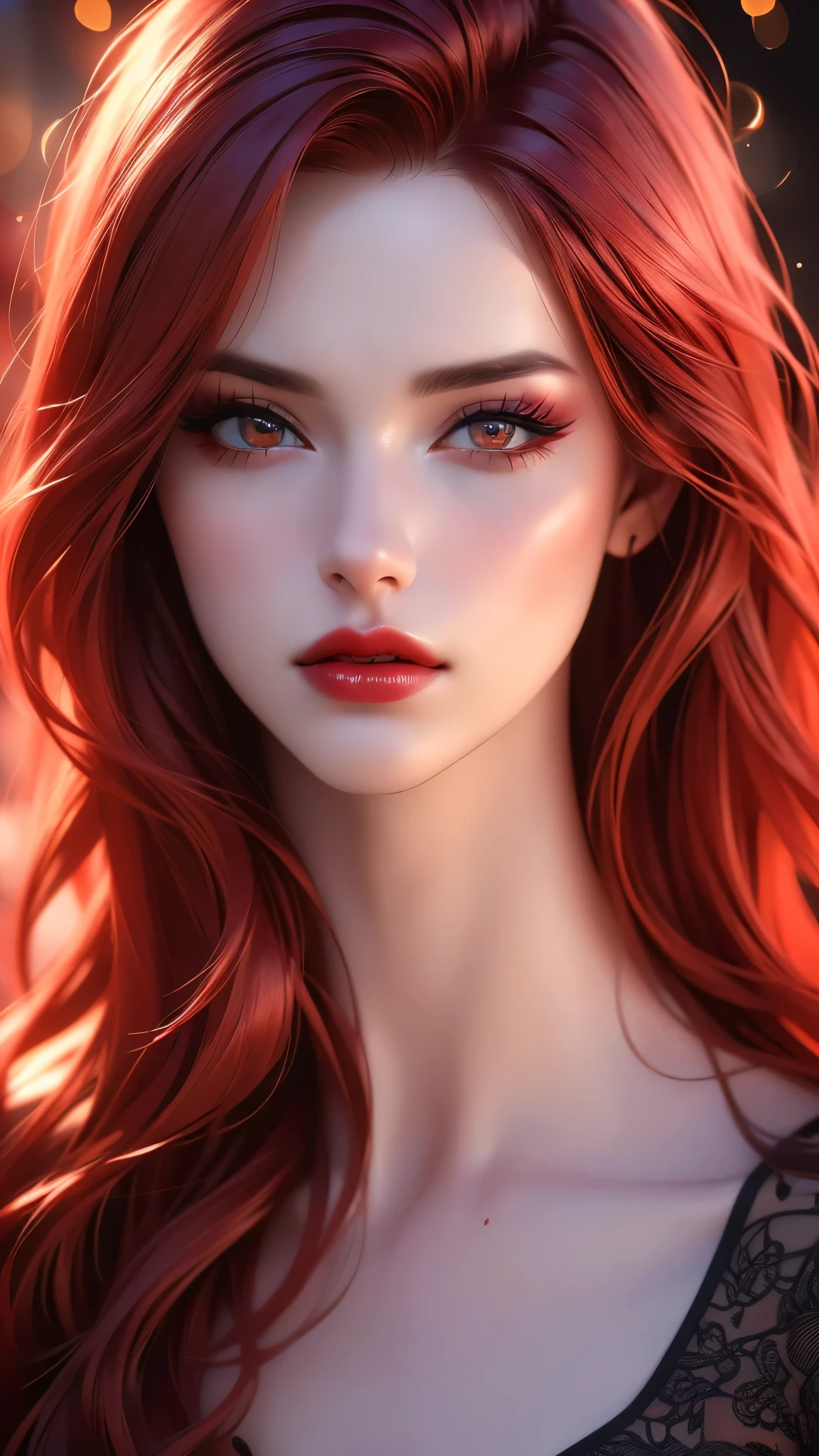 a beautiful woman with long red hair, detailed makeup and red lipstick, cleavage, looking at the viewer, (best quality,4k,8k,highres,masterpiece:1.2),ultra-detailed,(realistic,photorealistic,photo-realistic:1.37),studio lighting,vivid colors,bokeh,cinematic portrait,cinematic,dramatic lighting,warm color tones,high contrast