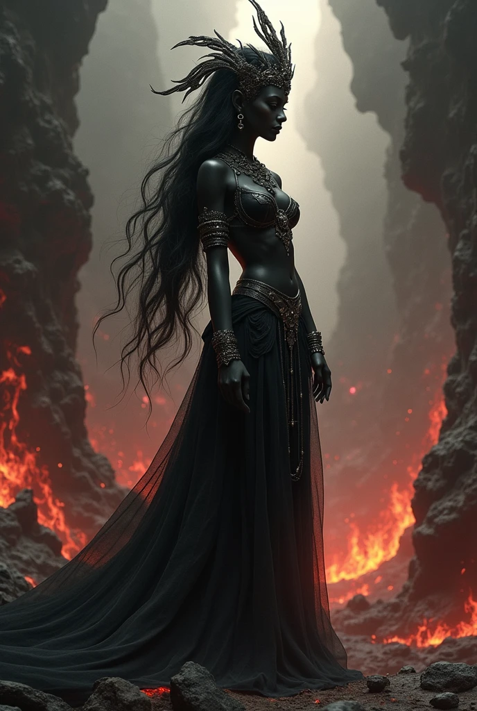 African woman black skin, naked, naked, Blood on hands, Red eyes. Long wavy hair. jovial laughter. macabre. she had, full moon, candles, corona, throne, calaveras, souls, ruins, trident, pearl , dancing, flying,