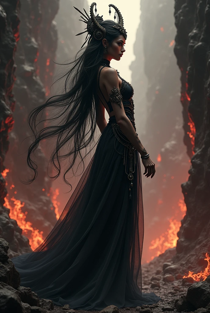A detailed, dark, and intricate portrait of a beautiful Black Apsara figure in a hellish, fiery landscape, (best quality,8k,highres,masterpiece:1.2),ultra-detailed,(realistic,photorealistic,photo-realistic:1.37),extremely detailed facial features,detailed eyes and lips,long eyelashes,flowing black hair,intricate golden headdress and jewelry,dark and moody atmosphere,hellish background with flames and smoke,dramatic lighting,deep red and orange tones,dark fantasy,concept art,digital painting