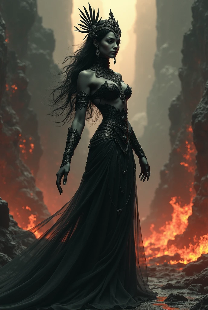 A detailed, dark, and intricate portrait of a beautiful Black Apsara figure in a hellish, fiery landscape, (best quality,8k,highres,masterpiece:1.2),ultra-detailed,(realistic,photorealistic,photo-realistic:1.37),extremely detailed facial features,detailed eyes and lips,long eyelashes,flowing black hair,intricate golden headdress and jewelry,dark and moody atmosphere,hellish background with flames and smoke,dramatic lighting,deep red and orange tones,dark fantasy,concept art,digital painting