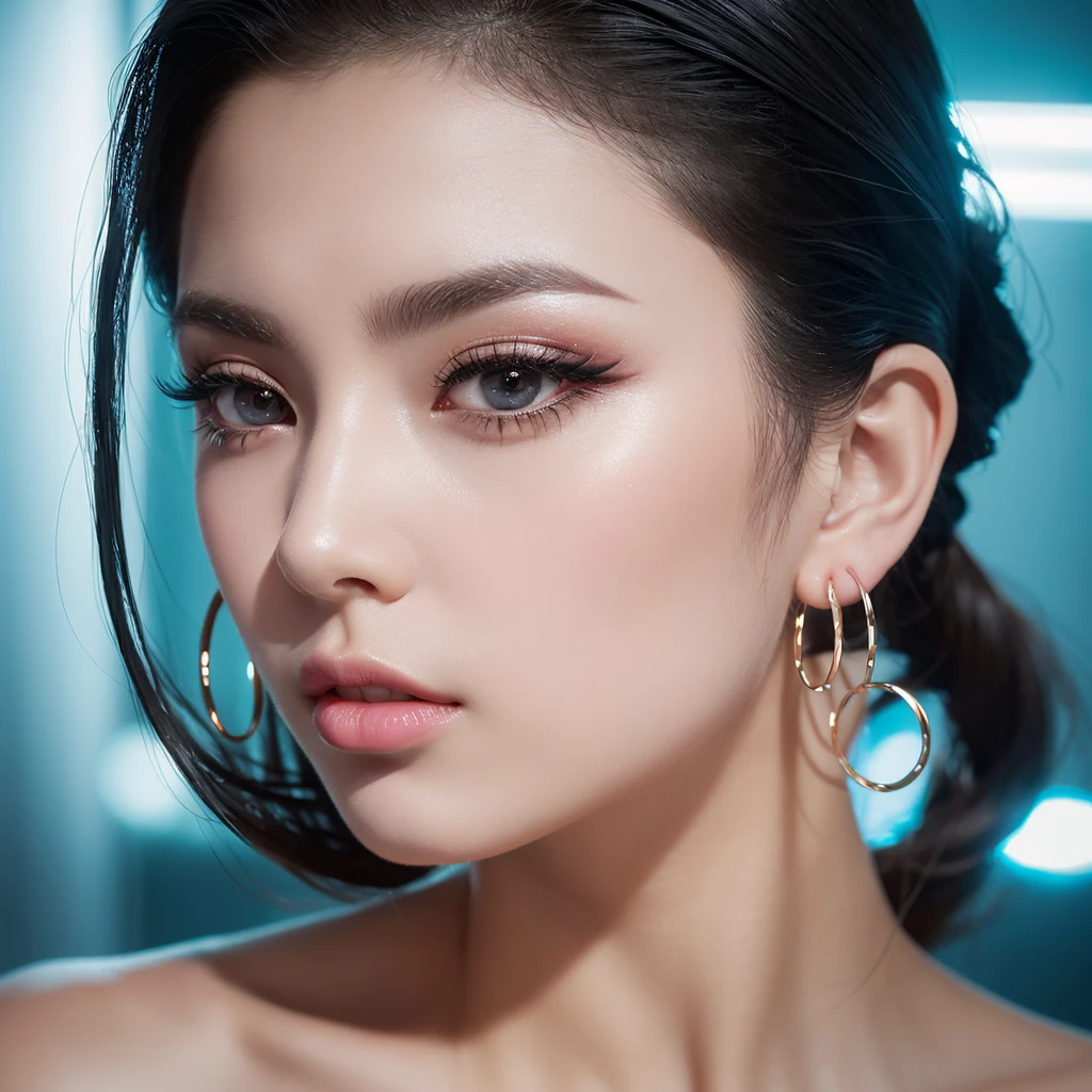masterpiece, Highest quality, alone, One girl, Glowing Skin, Hoop Earrings, glamorous, Whimsical details, Slicked back hair, Fascinating, Bare shoulders, cyber punk, Shallow depth of field, Contrasting, Professional Model, Facing forward, Portraiture 、Big eyes、double eyelid、False eyelashes