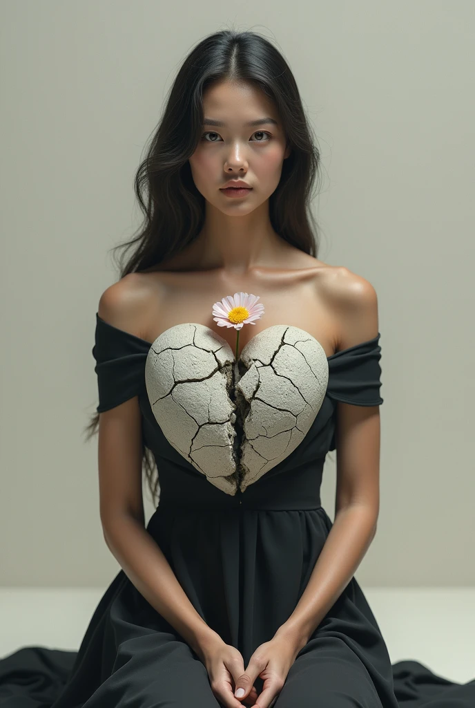 Create an image that has a woman sitting facing forward with her chest open, Showing the heart, your heart is made of stone with cracks, inside the crack a flower is sprouting