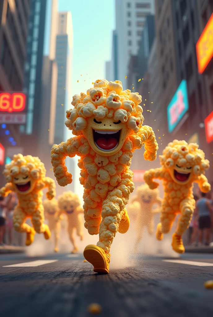 a pack of popcorn running in a street race like a professional runner 
