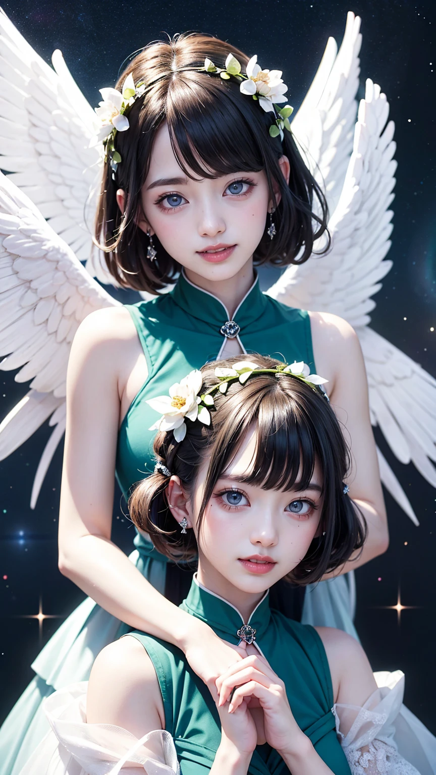Highest quality, Pastel drawing, Friendly atmosphere, Twin girl angels, cute, White Wings, Laughing happily, Brown short hair in various colors, Blue Eyed Person, Green-eyed person, Dresses in different colors, Flower Hair Ornaments, Upper Body, Looking at the audience, space, meteor, Light,