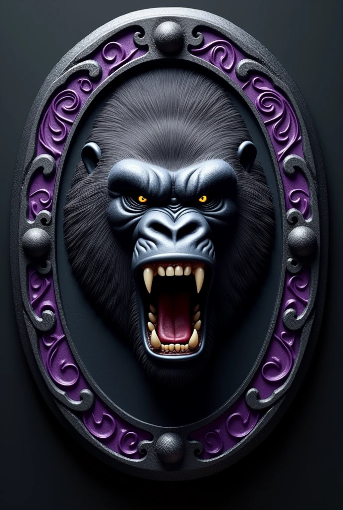 Create a shield with the face of an angry gorilla, predominant color black, purple details, make it