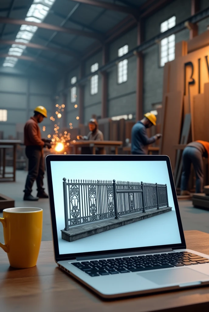 Laptop screen shot showing 3d design of large iron fence. Beside the laptop is a yellow coffee cup.. Behind the laptop there are several welders welding iron fences and canopies in a large warehouse with lots of iron poles., there is a large iron board with BLV written on it.