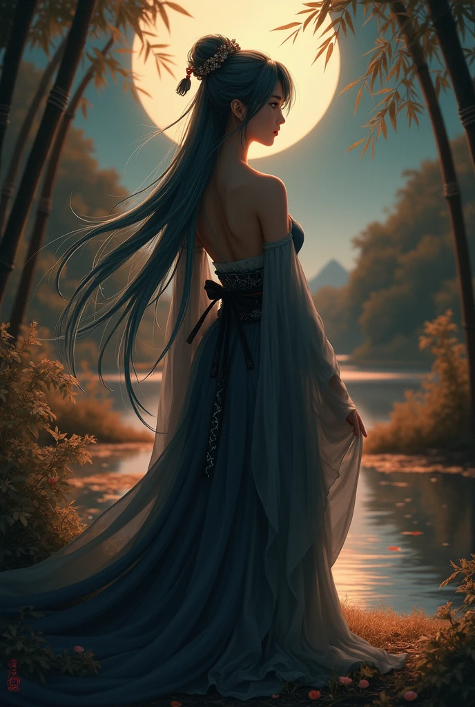 Masterpiece, Best Quality, Official Art, 8k Wallpaper, Very Detailed, Illustration, 1 Girl, Sky Blue Hair, Long Hair, Detailed Eyes, Forrest Gump, Bare Shoulders, Hanfu, Lake, Pure, Soft Smile, bamboo, tea