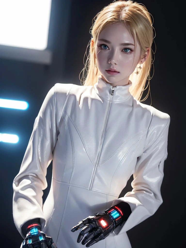 best quality, 1080P, Masterpiece, Whole body photo, Ultra high resolution, photorealistic photo, ultra realism, Realistic skin texture, twin tails hair style, light blonde hair, Extreme skin detail, dslr, Detailed eyes, Facing the camera, Very beautiful face, Firm facial structure, Pale skin, Realistic skin texture, Extreme skin detail, oc render reflection textures, Realistic light and shadow, one picture, alone, The body will be slender and balanced., Age 20, Height 170, no underwear, Flat stomach, (Shiny white leather bodysuit), full body view, Whole body photo, A girl with the body of a mechanical robot., Transparent futuristic white glass mech armor.,